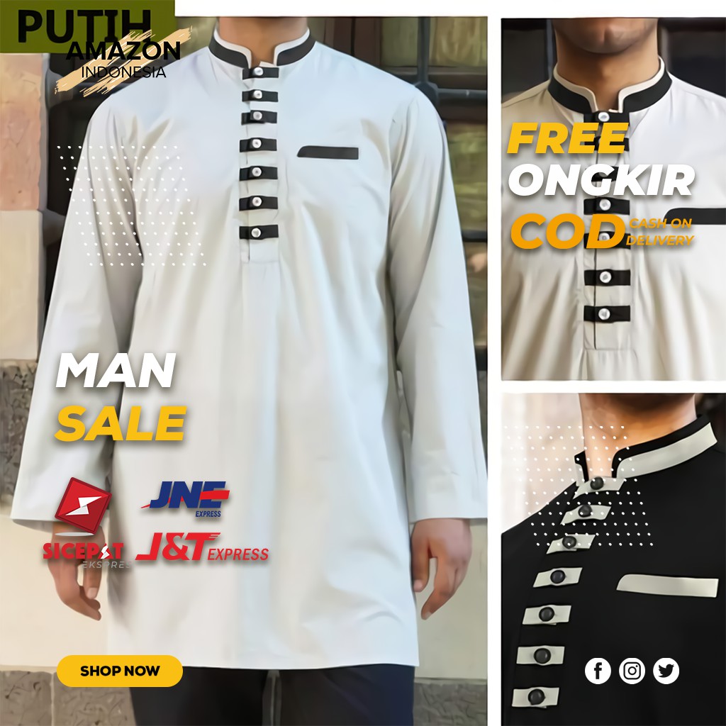 ATASAN MUSLIM PRIA BAJU KOKO WARNA WHITE PUTIH BAHAN KATUN STRETCH LENGAN PANJANG STYLE CASUAL ORI