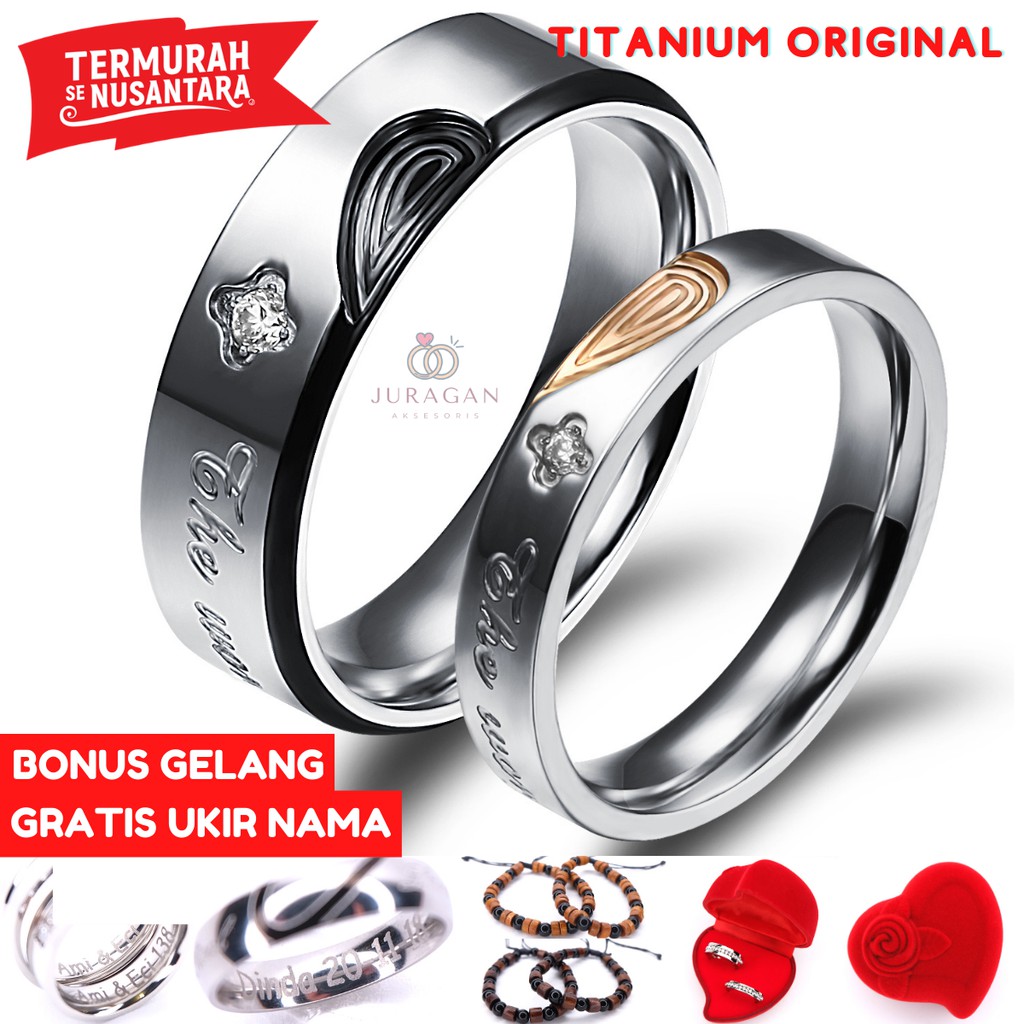 [HIGH QUALITY] Cincin Couple BUCIN R24 Titanium Ukir Nama + Box Cincin Beludru + BONUS Gelang Couple