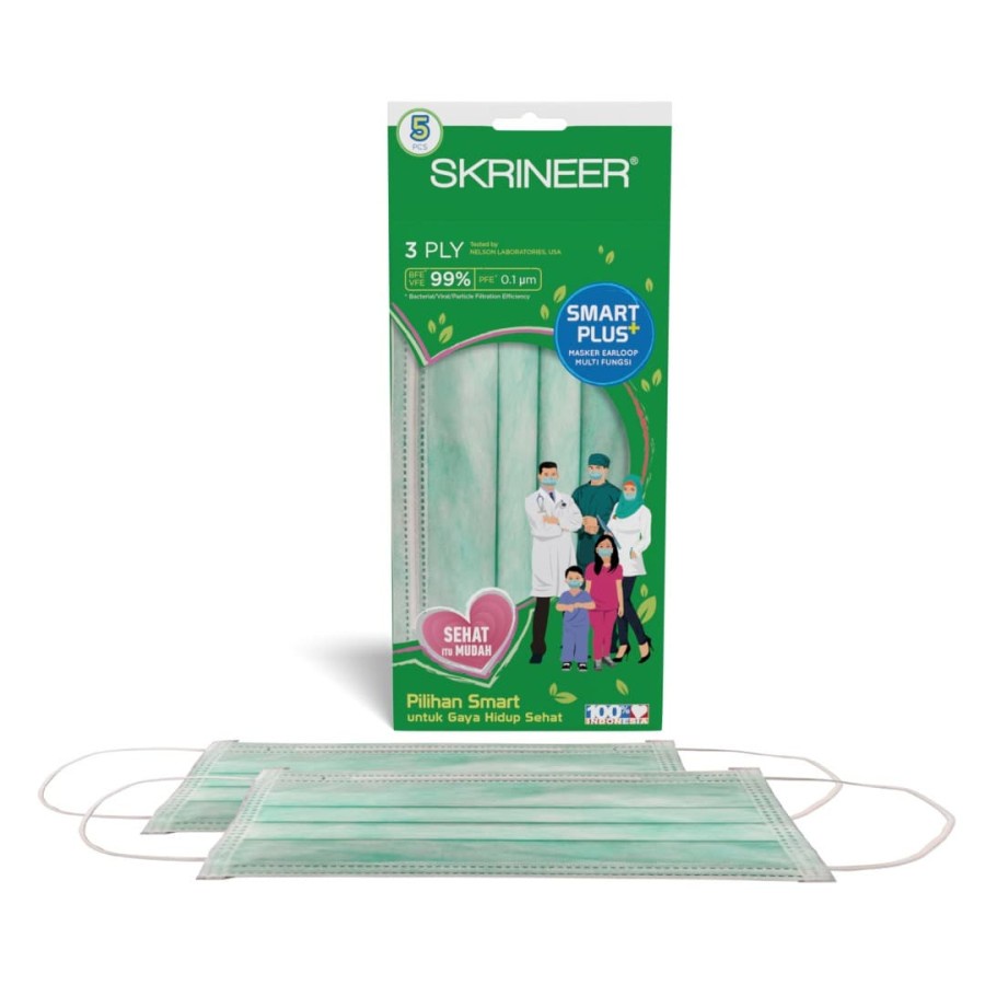 (Isi 5 pcs 3 ply) Skrineer Smart Plus Masker 3 Ply Earloop Green / Masker Kesehatan