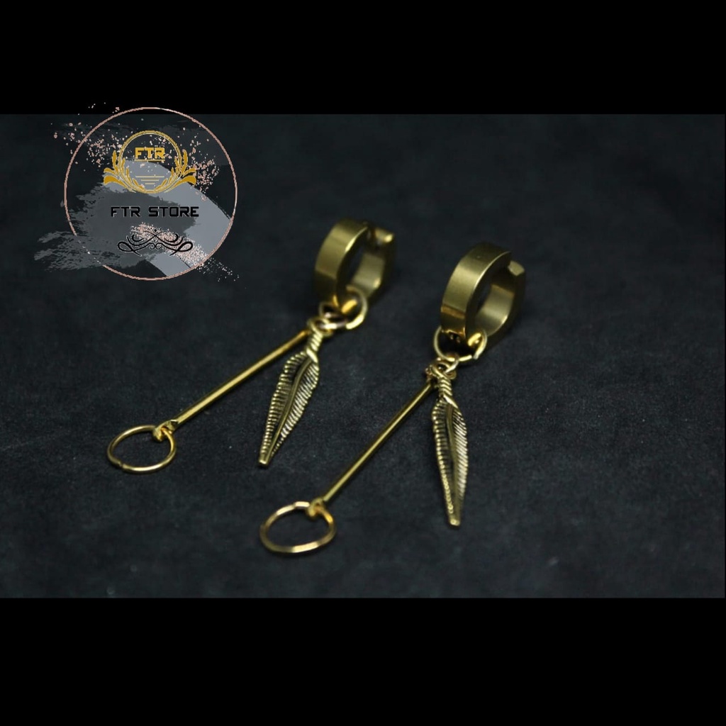 Anting bulu gold/ anting daun lurus batang gold / anting pria korea