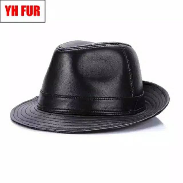 Topi Tompi Kulit Sapi Asli Jazz Fedora Laken Pria Kulit Asli Elegan Casual Fashion Trendi Terkeren
