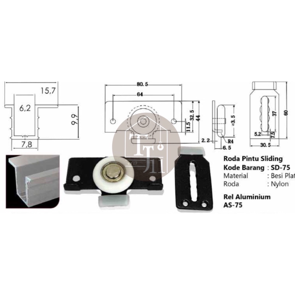 Roda Pintu Sliding HUBEN SD-75/Roda Sliding Rel Aluminium HUBEN AS-75