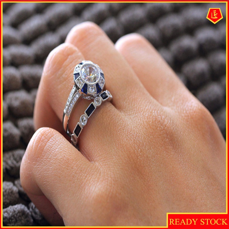 [Ready Stock]Fashion Simple Blue Topaz Square Diamond Ring Set