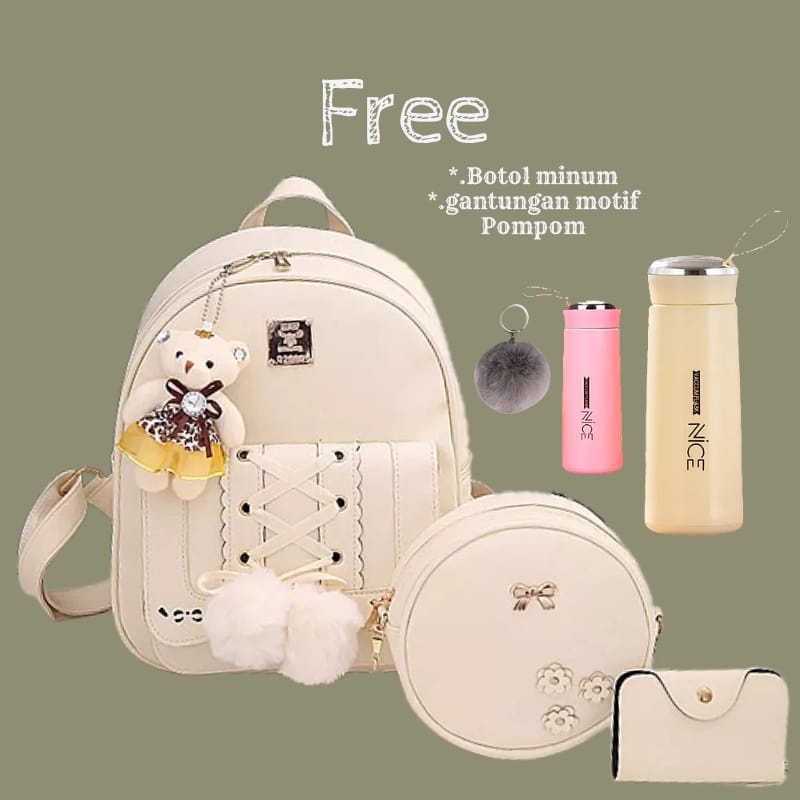 Tas Ransel Wanita New Stylish Backpack Ransel Jalan Jalan Tas Kuliah Wanita 4in1 Free Botol Minum