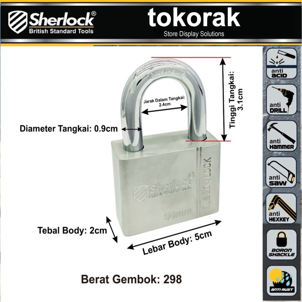 GEMBOK STAINLESS STEEL ANTI RUST 50MM PDK SHERLOCK - GEMBOK ANTI KARAT