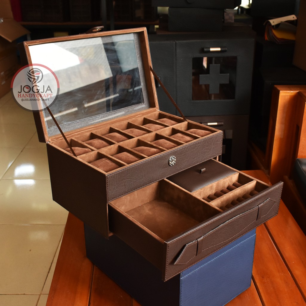 Watch Box Kotak Jam Tangan isi 12 mix Laci Tempat Perhiasan Coklat Full