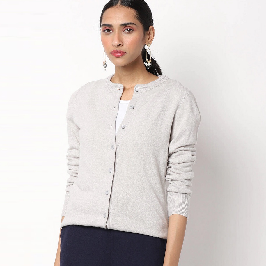 Cardigan Round Neck Button Down Black & Light Grey