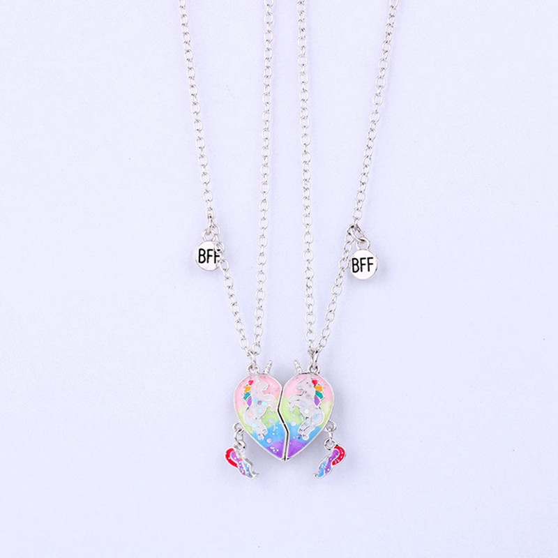 2pcs / Set Kalung Rantai Magnet Dengan Liontin Unicorn Warna-Warni Untuk Sahabat