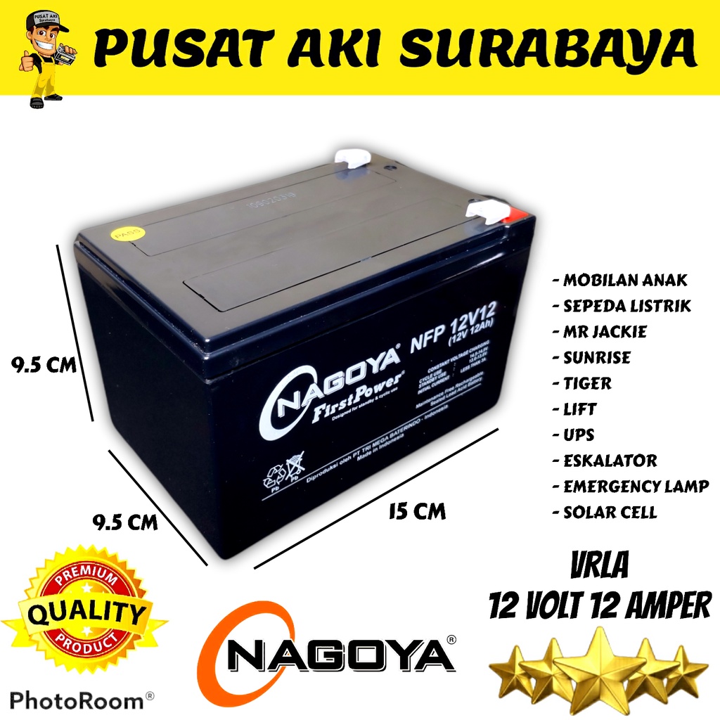 VRLA BATERAI NAGOYA 12 VOLT 12 Ah ACCU SEPEDA LISTRIK LIFT ESKALATOR SOLLAR CELL EMERGENCY LAMP GENSET VEHICLE ELECTRIC 12VOLT 12AMPER 12V 12Ah AKI KERING