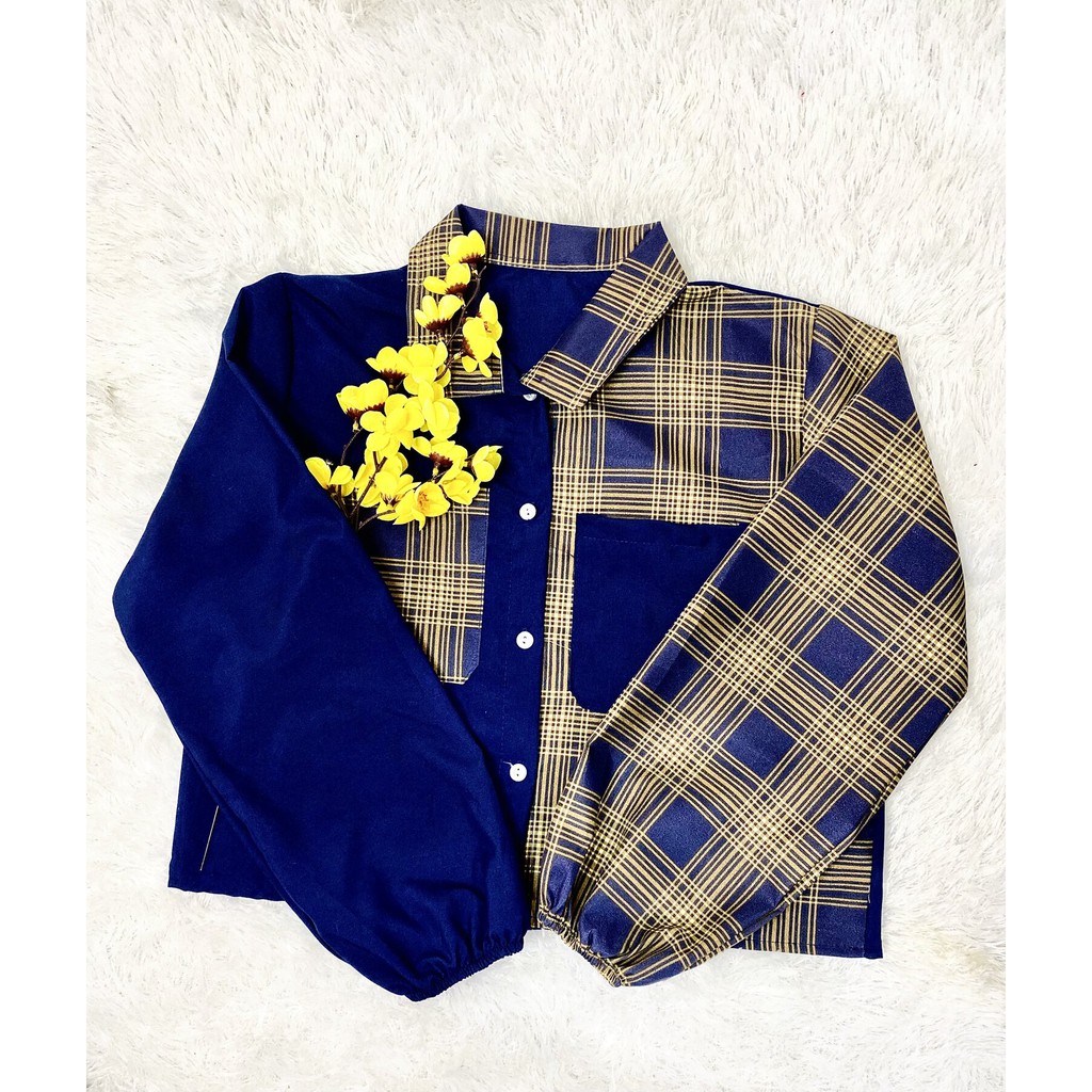 MIKA CROP TOP BLOUSE / KEMEJA WANITA / KEMEJA CROP WANITA TARTAN /KEMEJA TWO TONE KOTAK / BLOUSE KEKINIAN-KOTAK BESAR NAVY