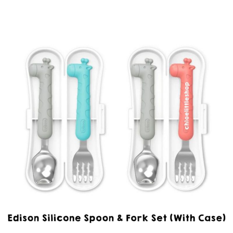 Edison Silicone Giraffe Spoon and Fork with Case