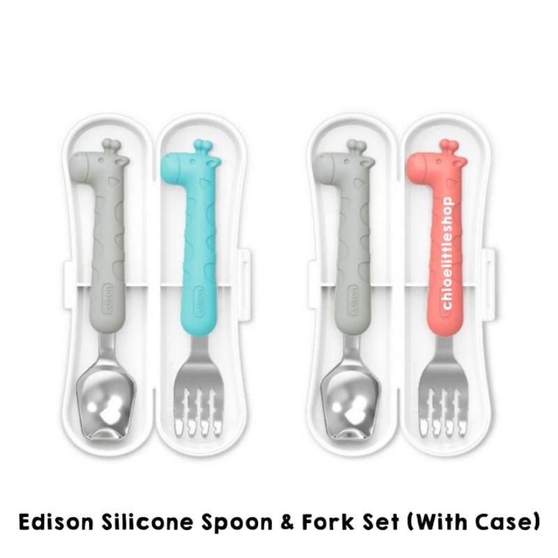 Edison Silicone Giraffe Spoon and Fork with Case