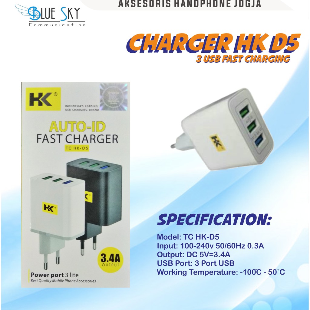 KEPALA CHARGER HK D5 3 USB FAST CHARGING