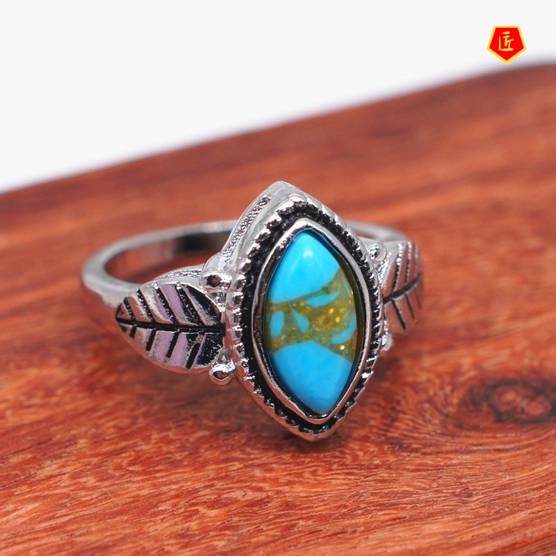 [Ready Stock]Retro Turquoise Leaf Shaped Ring Distinguished Personality