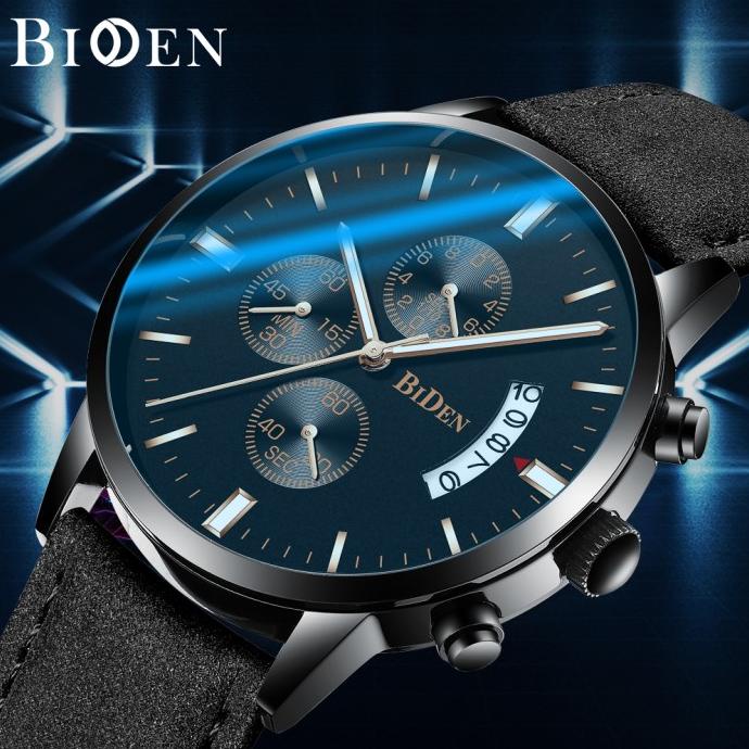 BIDEN Jam Tangan Pria Bisnis Multifungsi Tali kulit Chronograph jam