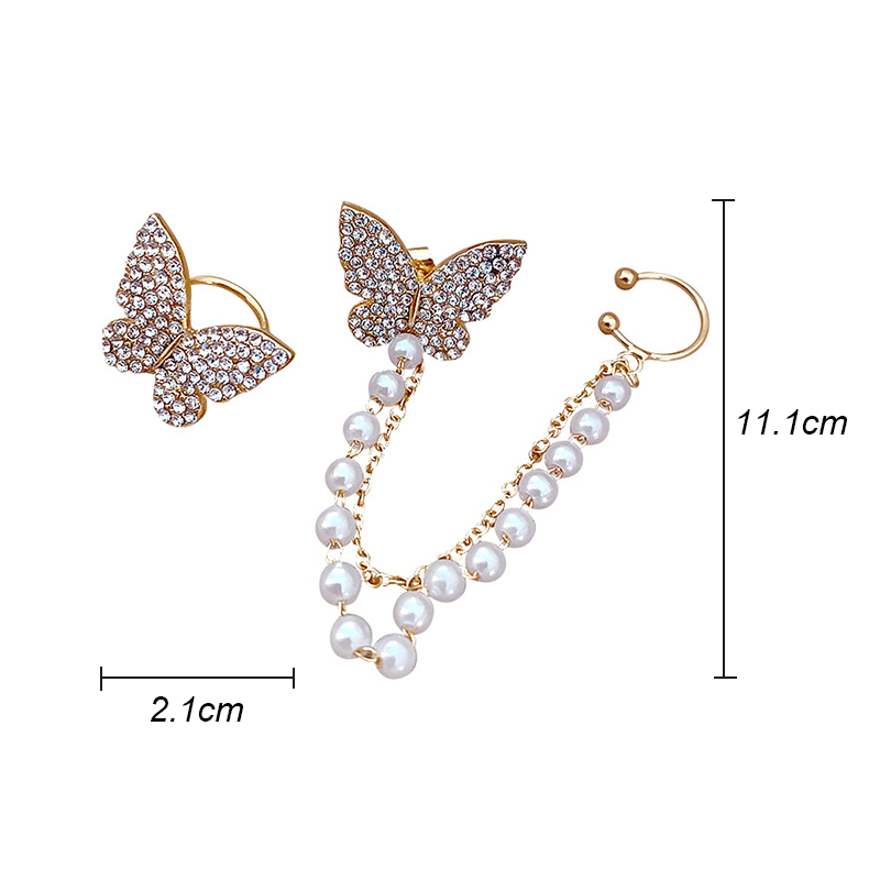 IFYOU Korean Personality Asymmetricear Ear Clips Simple Diamond Butterfly Pearl Tassel Earrings Fashion Jewelry Accessories