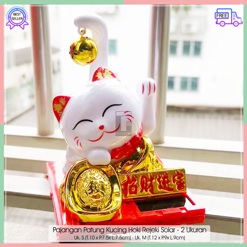 Pajangan Patung Hiasan Kado Hadiah Boneka Kucing Hoki Lucky Cat Rejeki Rezeki Benda Fengshui Fengsui Feng Shui Maneki Neko Maneki Neko Keberuntungan Dashboard Mobil Emas Gold Mini Imut Import Tangan Gerak Goyang Putih Solar Baterai Jumbo Cina Jepang Korea