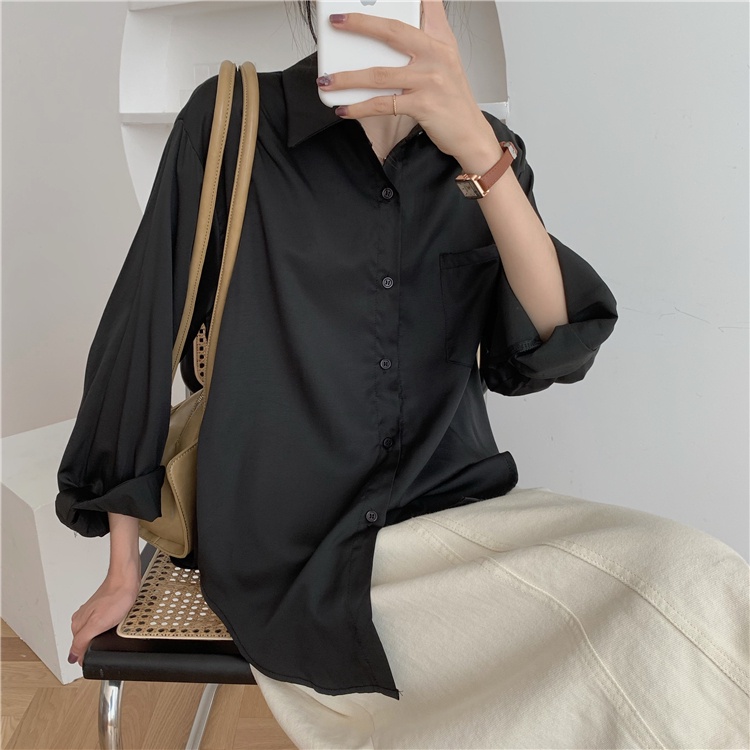 [3 Warna]Atasan Hitam Kemeja Wanita Lengan Panjang Blouse Oversize Fashion Korean style