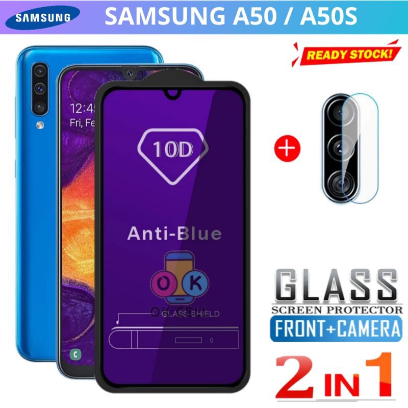 2in1-Tempered Glass Anti Blue Light Tg Anti Gores Radiasi Samsung A50 A50s Full Layar Kamera Premium