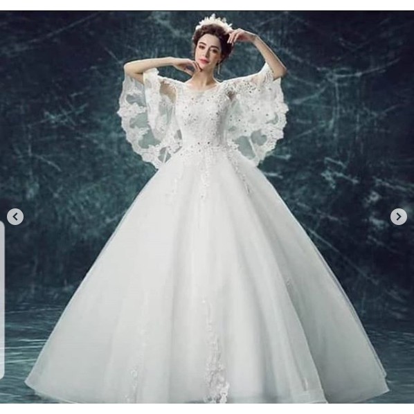 Gaun Wedding Brokat Putih Lengan sayap