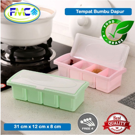 Tempat Bumbu Dapur Set 4 Sekat Anti Pecah Besar Gratis Sendok Takaran Murah Praktis Kotak Bumbu Plastik