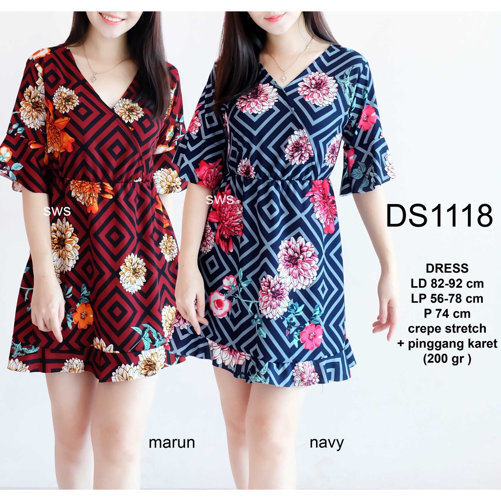 DS1118 - dress pesta crepe motif bunga lucu murah