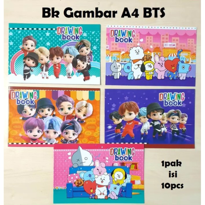 

CWS - BUKU GAMBAR UKURAN A4 KARAKTER KARTUN BTS / BT21. KERTAS TEBAL DAN MURAH ISI 5 BUKU