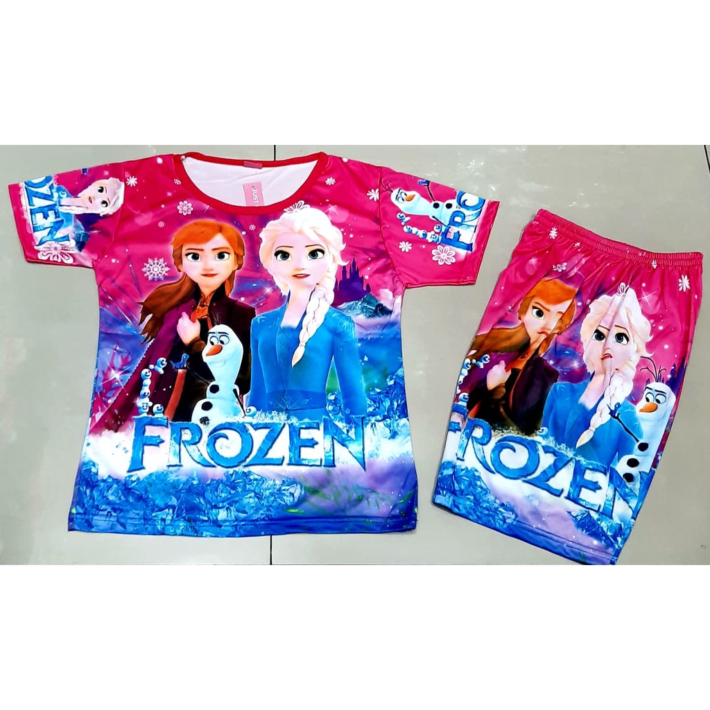 sandisean setelan frozen anak perempuan - baju kaos celana anak frozen - full printing frozen