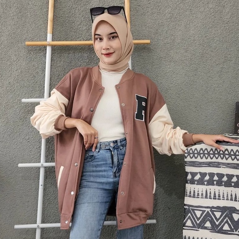 Oversize Wanita R Mocha Baseball Bahan Pleece Ala Korean Style