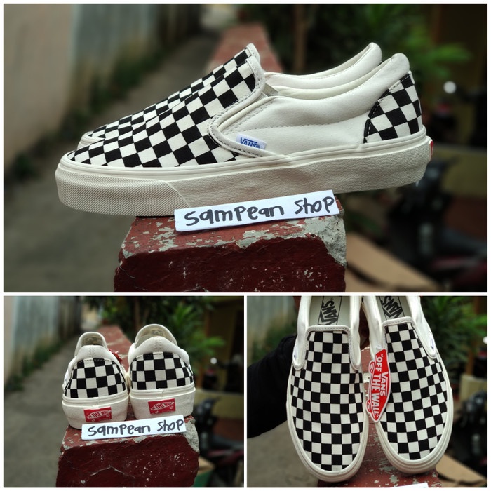 READY Sepatu vans slip on OG motif catur black white original premium CHINA SALE