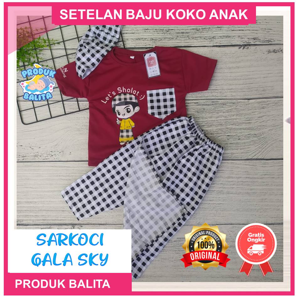 Setelan Sarkoci Anak Sarung Koko Peci Set Baju Muslim Anak Laki-Laki Usia 0-5 Tahun Termurah