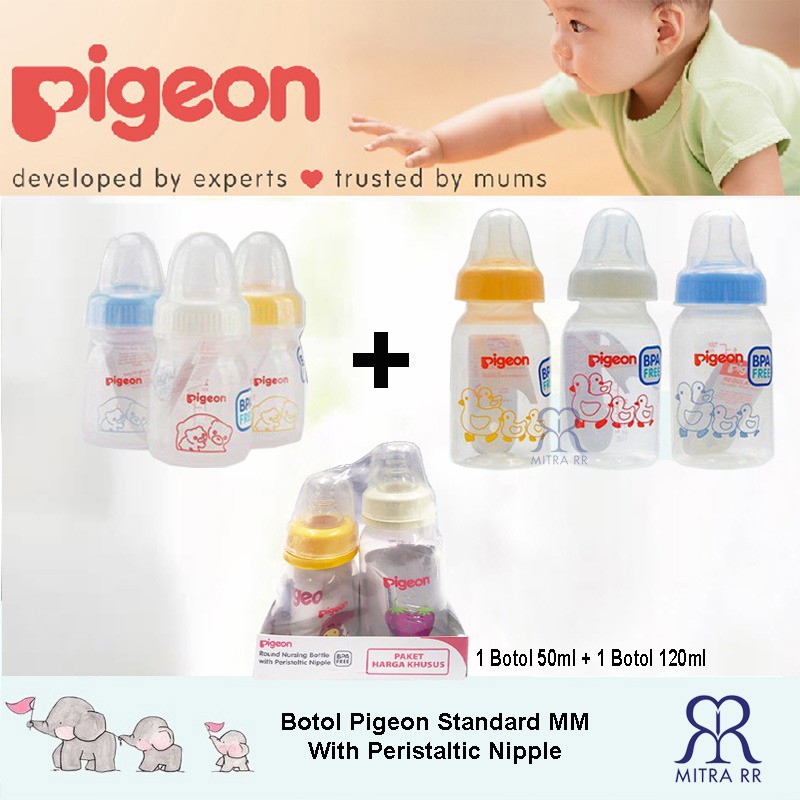 Botol Pigeon PP Standard MM 50 ml +120 ml With Dot Peristaltic Slim Neck BPA Free – Botol Susu Bayi