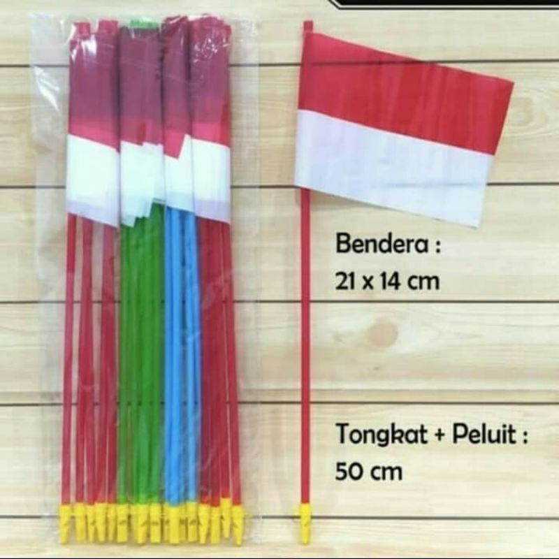 Bendera PLASTIK Merah Putih dengan TONGKAT TANGKAI GAGANG Pluit  (1Pak 20 pcs )