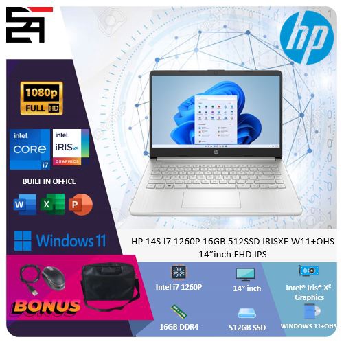 HP 14S i7 1260P 16GB 512SSD IRISXE W11+OHS 14&quot;inch FHD IPS  Garansi 2 tahun