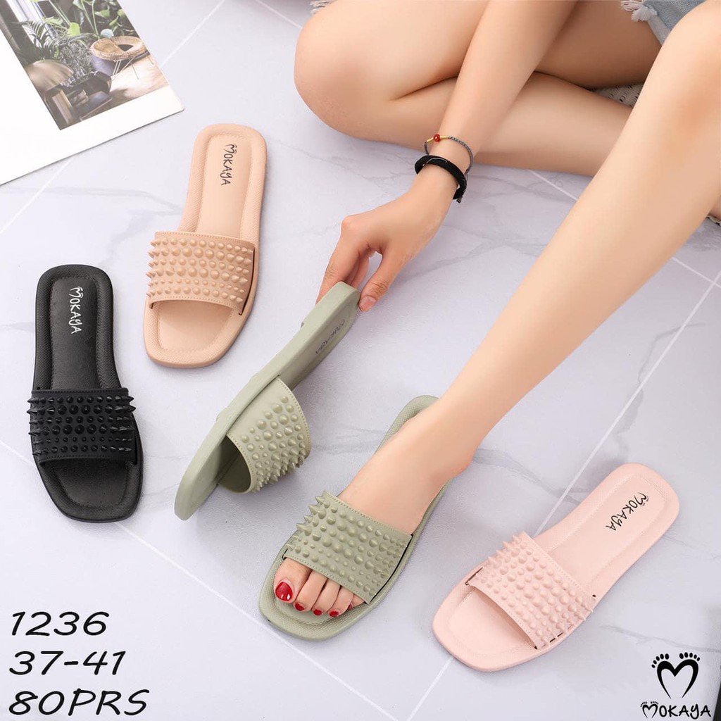 Sandal slop wanita motif ban duri duri kecil super elegant mewah Import Mokaya / Size 37-41 ( 1236 )