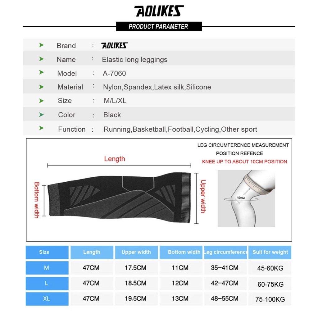 AOLIKES 7060 Leg Sleeve Calf Compression Knee Support / Deker Pelindung Lutut Kaki Panjang Olahraga