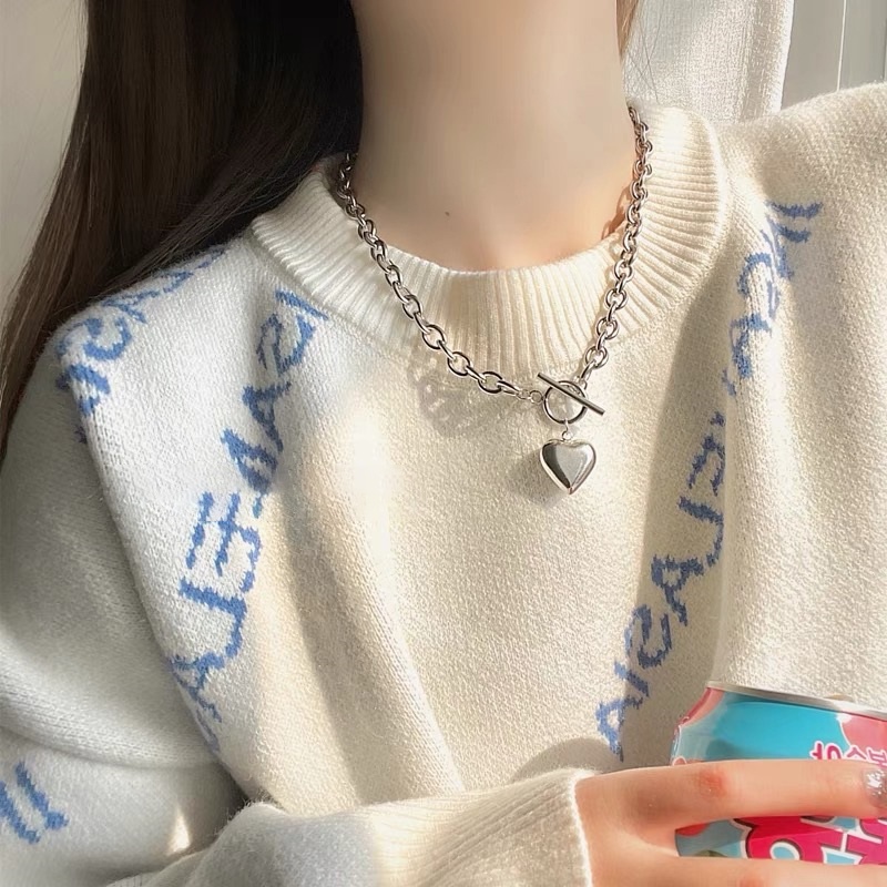 YEEZII Kalung Rantai Choker Liontin Hati Warna Silver Emas Aksen Mutiara Gaya Retro Untuk Wanita