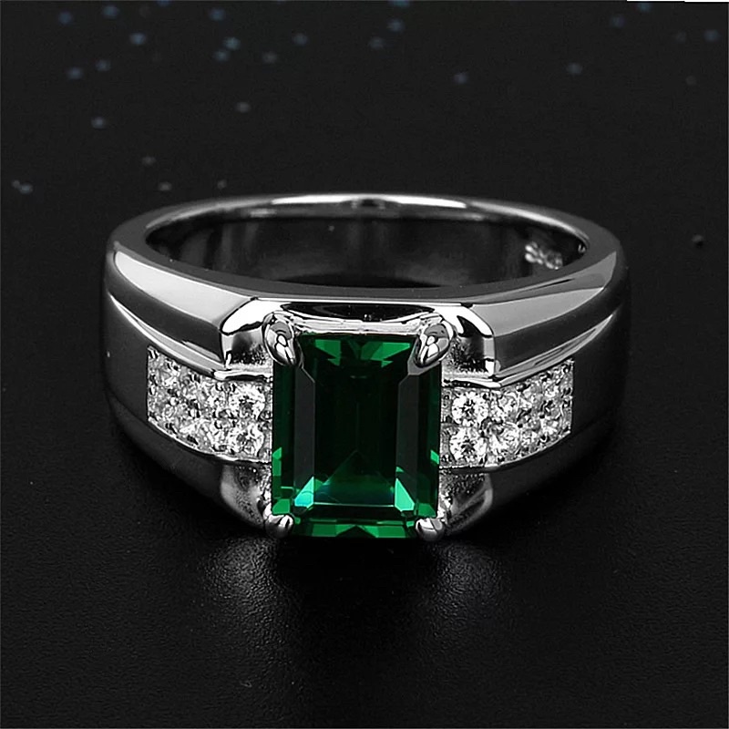 Cincin Casual Pria Akik Zamrud Hijau Emerald Green Ring Hitam 18 K Gold Filled dan Perak