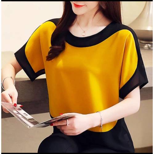 Blouse Wanita Kekinian Korea Style Baju Atasan Wanita Cewek Moscrepe Kombinasi Siffon Casual Cantik Modern Varian Warna BL32-1