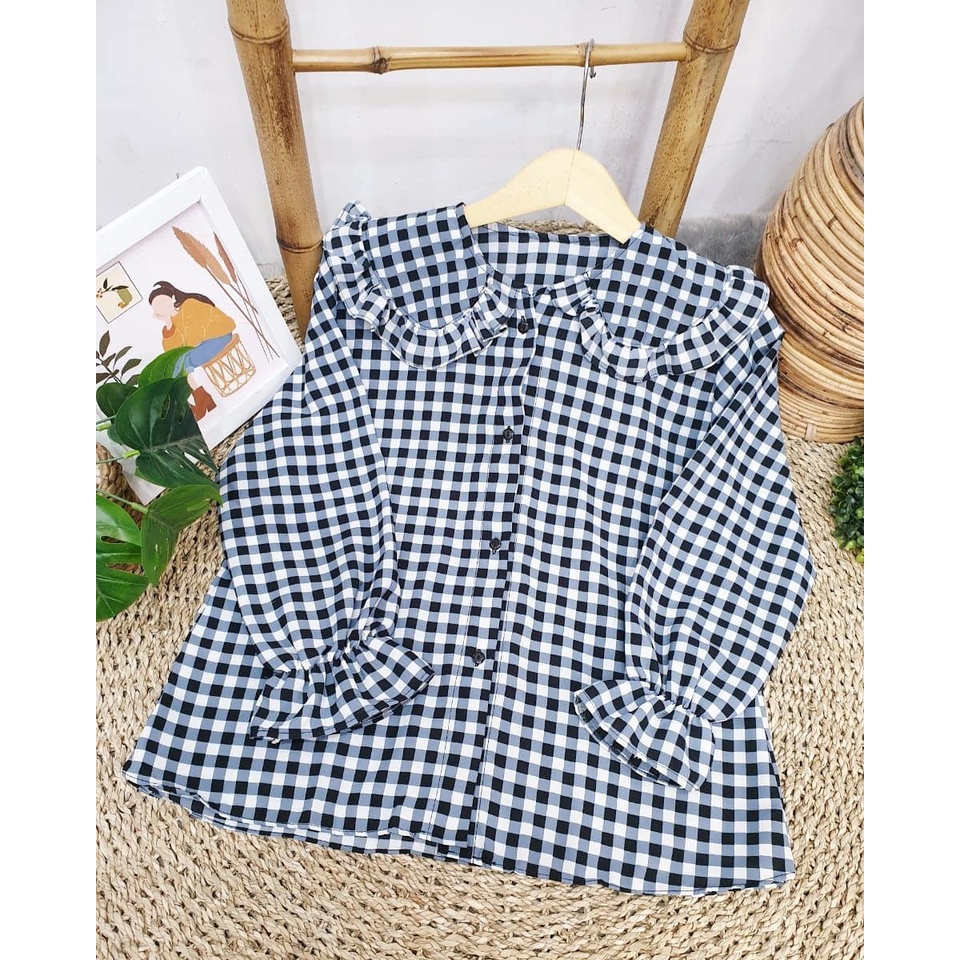 BLOUSE BALON MIZU TARTAN /Una Top KEMEJA REMPEL LORI SHIRT / BLOUSE TARTAN KOTAK OVERSIZE-4