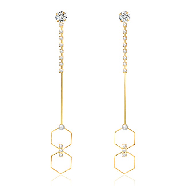 LRC Anting Tusuk Fashion Real Gold Alloy Rhinestone Pearl Geometric Stud Earrings F79760