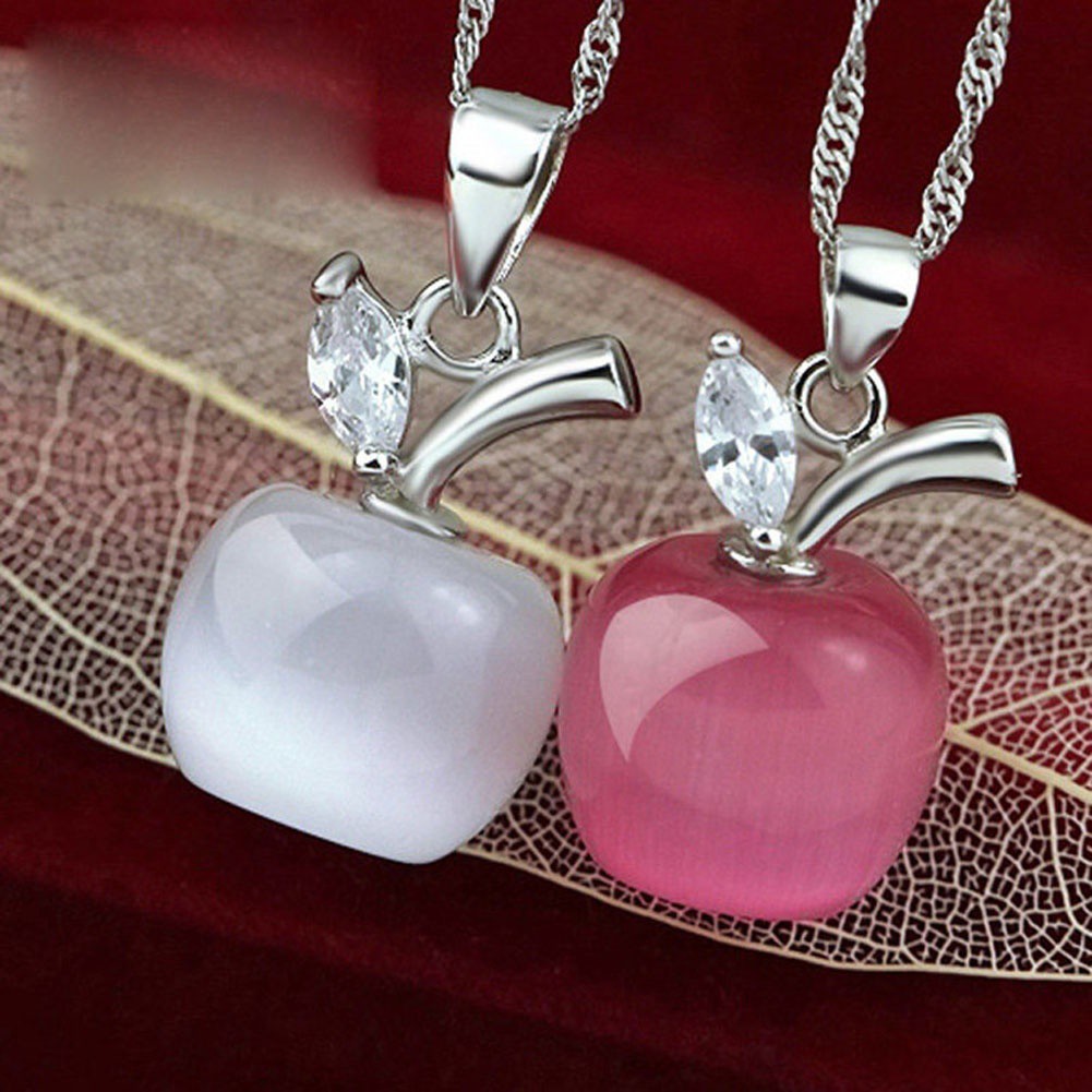 925 Sterling Silver Crystal Apple Opal Pendants Short Paragraph Pendant Necklace