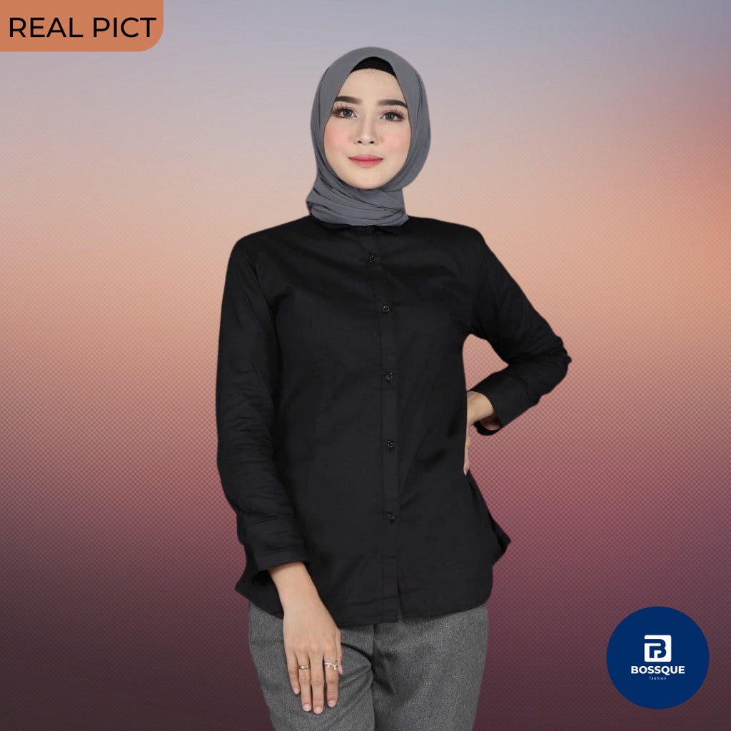 Kemeja Hitam Lengan Panjang Wanita/ Kemeja Hitam Wanita Kantor / Kemeja Hitam Formal Wanita / Kemeja Polos Hitam Wanita / Kemeja Katun Hitam Wanita / Kemeja Polos Hitam Slimfit Wanita