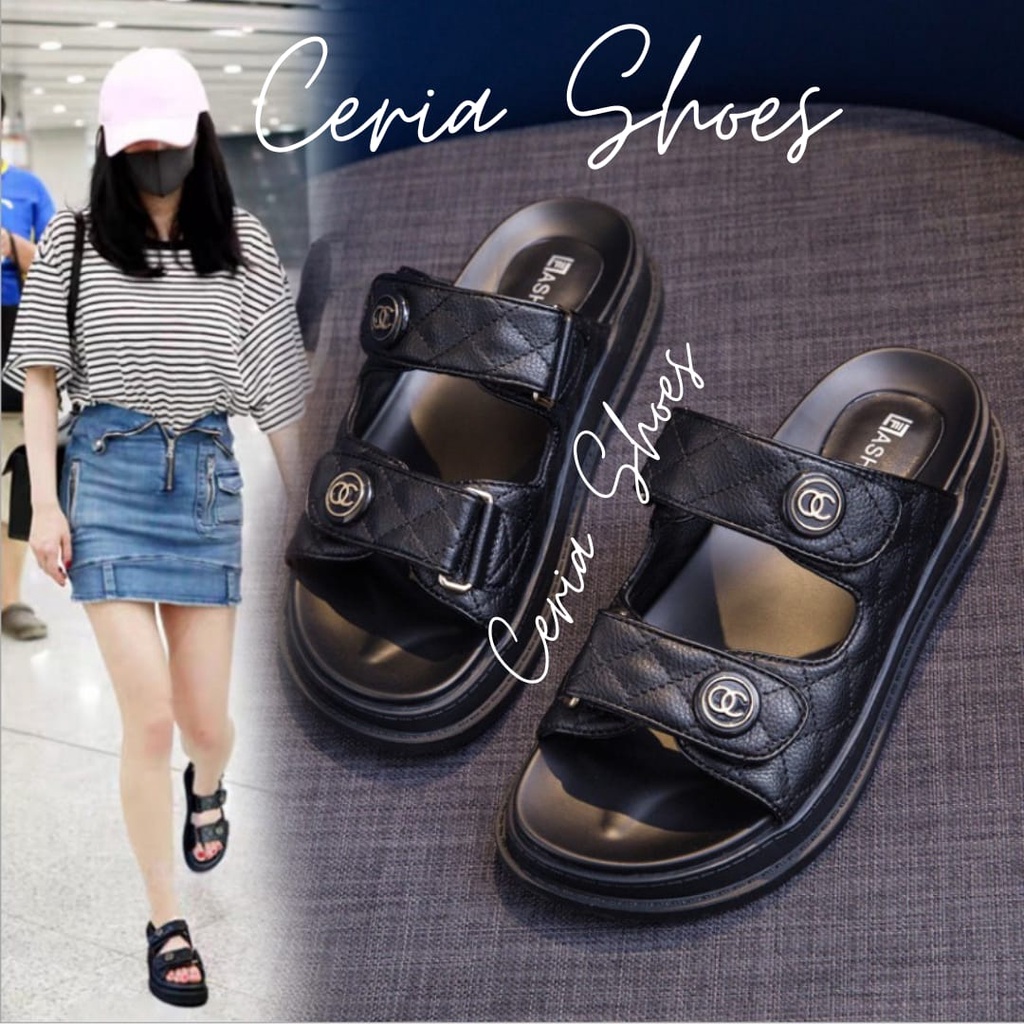 NEW Sandal Wanita Import Karet Balance Slop Birkin Motif Kancing BONITA