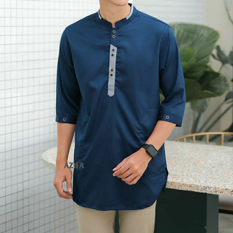 Baju Koko Kurta Polos 3/4 Saku Samping Warna NAVY #Kereeen | Shopee
