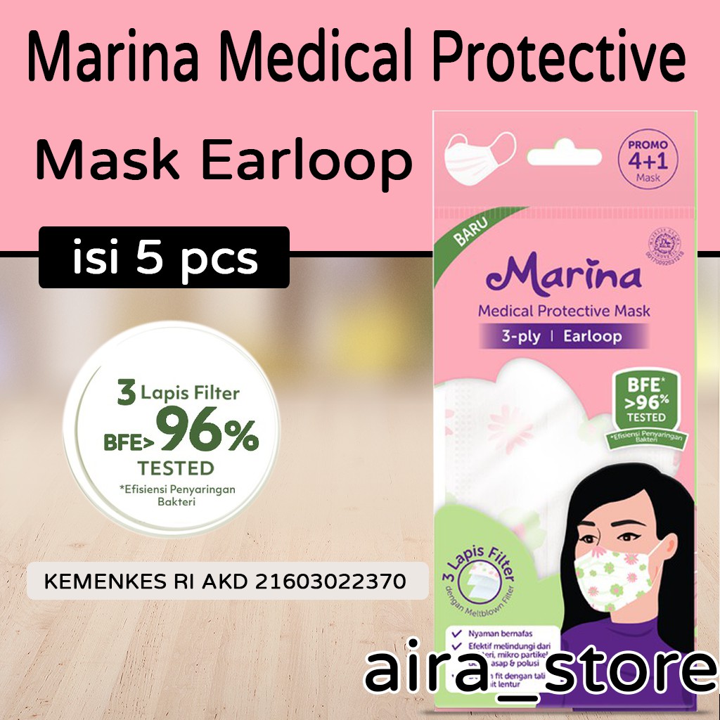 Marina Medical Protective Mask Earloop (3 ply) - 5 pcs - Masker Medis