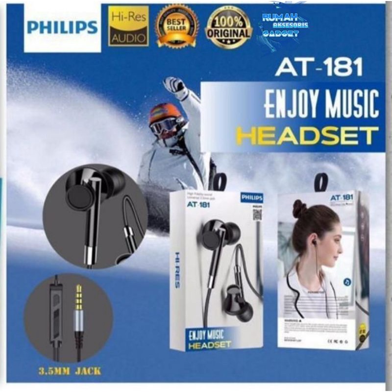 100 % ORIGINAL Hansfree PHILIPS AT 183 AT 181 178 198 headset sport earphone dengan kualitas Hifi original