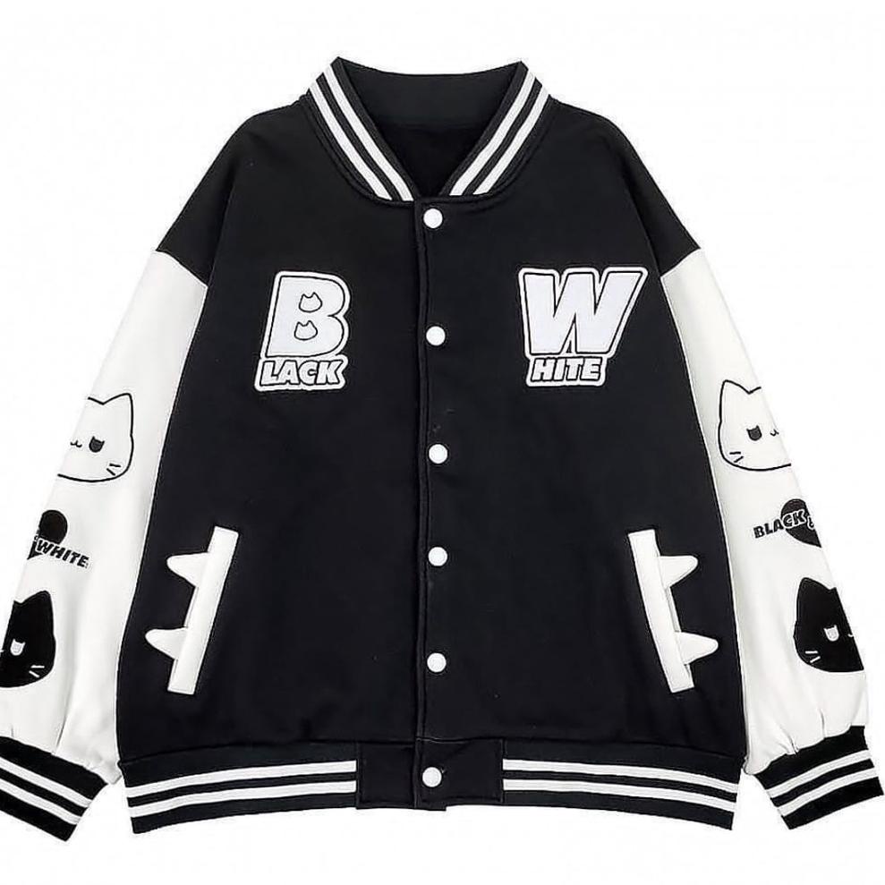 Q66M JACKET  CEWEK LUCU | JACKET VARSITY  BW BLACK WHITE OVERSIZE WANITA KOREA STYLE  ALA CITAYAM FA