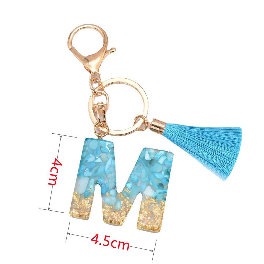 NEEDWAY 26huruf Gantungan Kunci Resin Fashion Biru Rumbai Liontin Ornamen Perhiasan Kristal Alfabet Key Chain