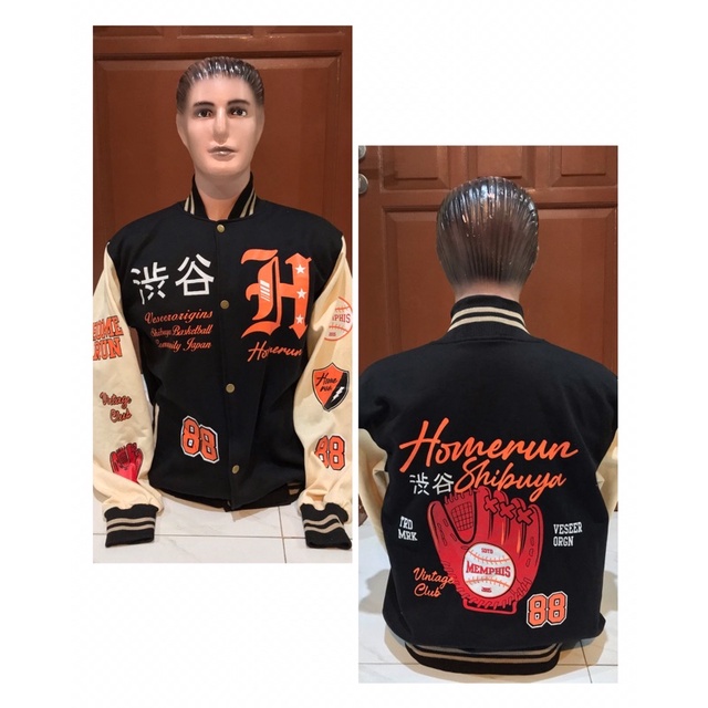 JAKET VARSITY JAKET BASEBALL PRIA WANITA JAKET BASEBALL RACING PRIA WANITA JAKET BOMBER KAMIKAZE - ORIGINS - HOMERUN VARSITY JACKET BAHAN FLEECE TEBAL Bahan-Hitam Homerun